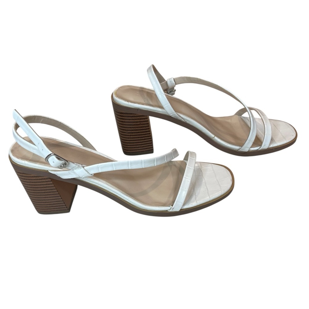 H Halston Fantasia Skinny Strap White Croc Embossed Vegan Leather Block Heel